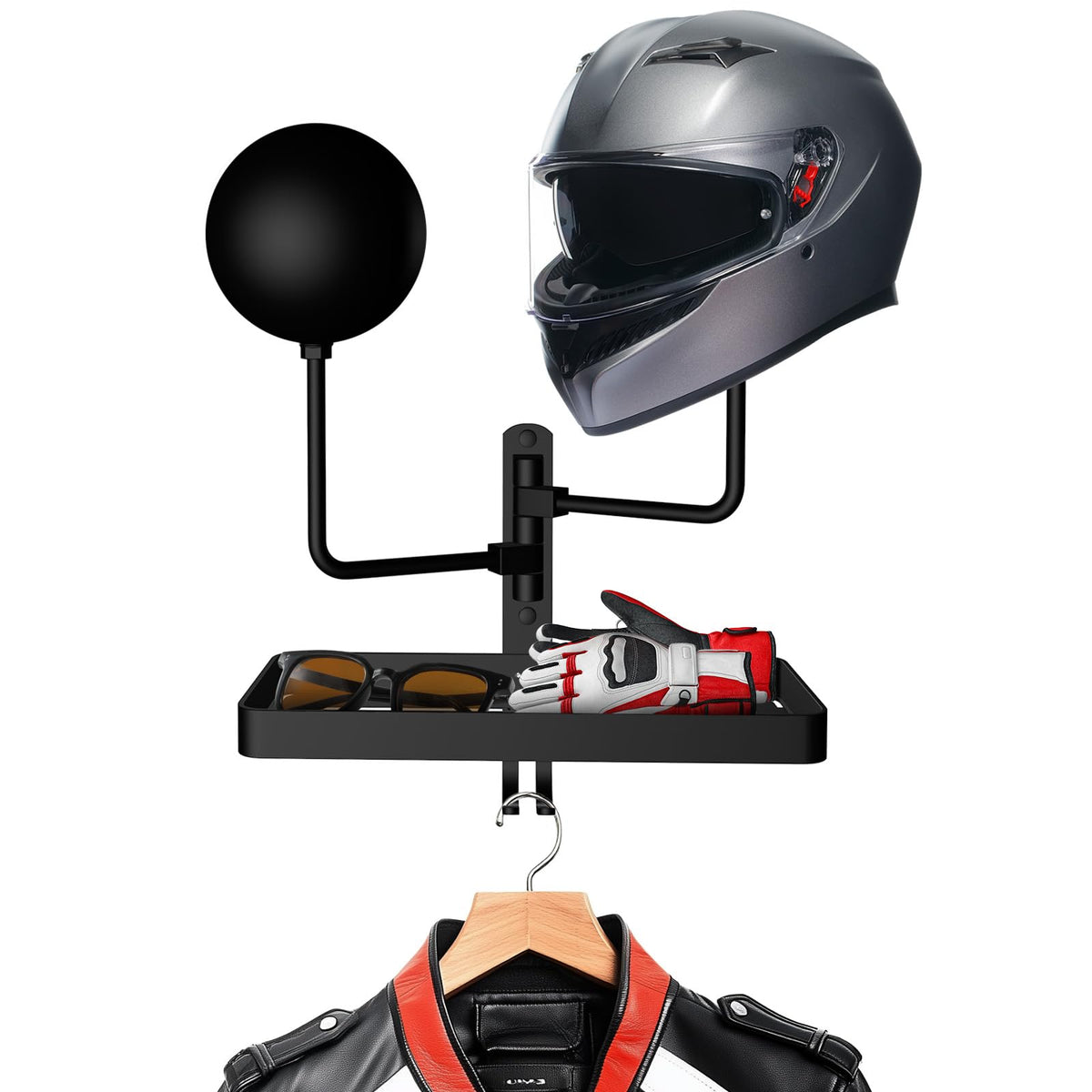 CASDUCT Wall Mounted Helmet Holder with 2pcs Ball, 180° Rotation and Hooks