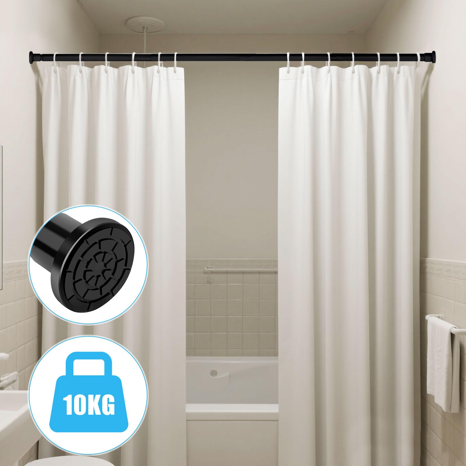Black Clamping Curtain Bar without Drilling, 71-199 cm Adjustable for Curtains in Bathroom, Bedroom, Wardrobe & Balcony (1 Piece)