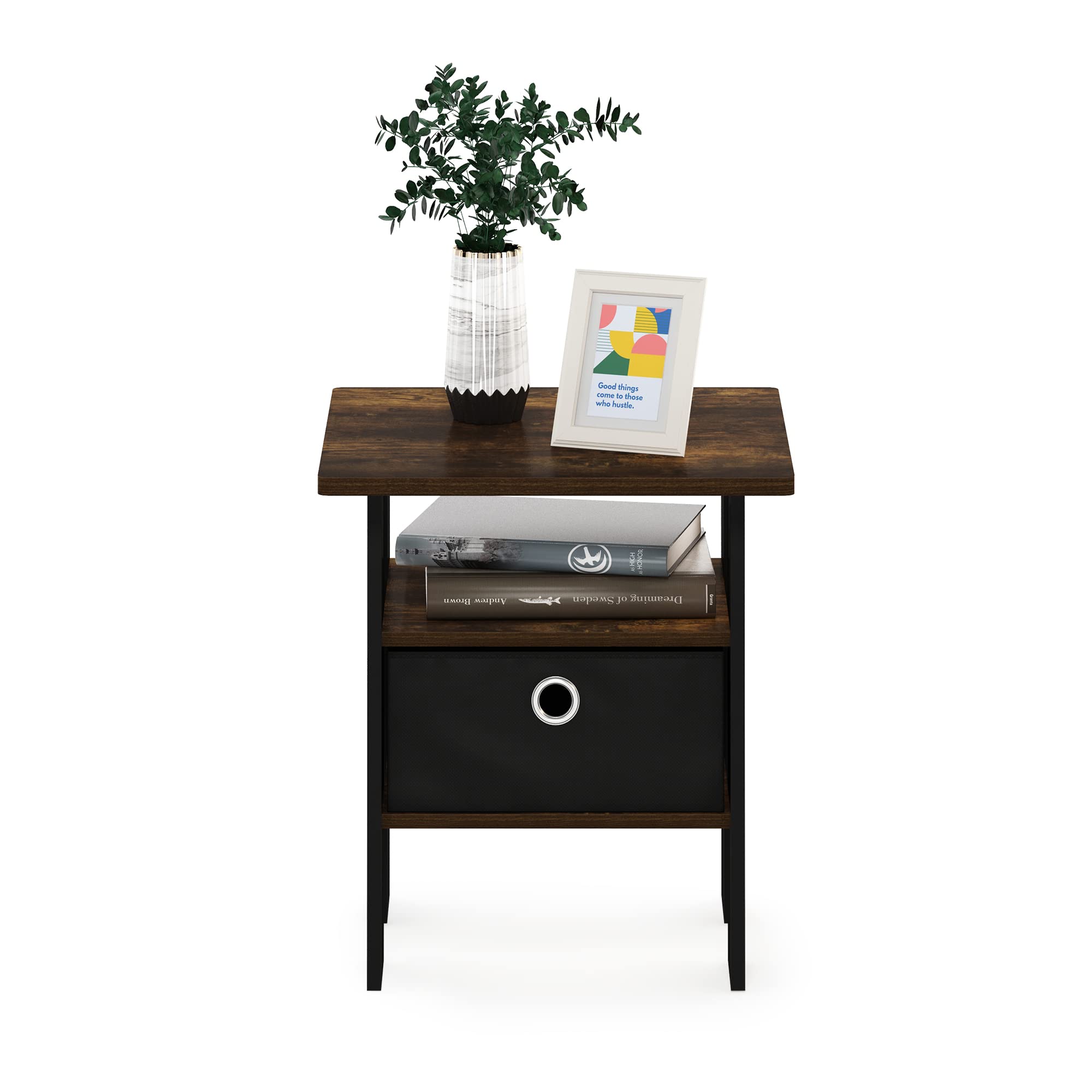 Furinno ANDREY Side Table, End Table, Night Stand with Open Shelves and Storage Bin, Bedside Table, for Living Room, Bedroom, Amber Pine