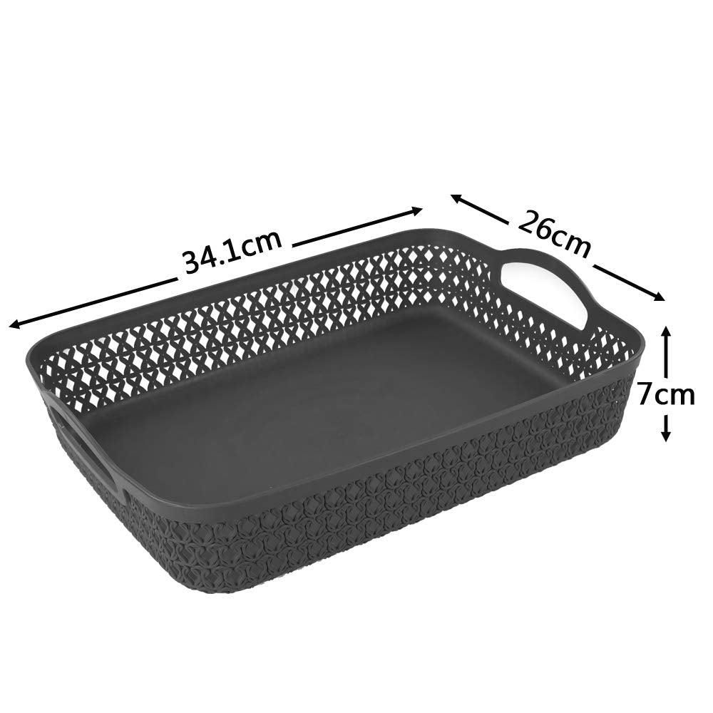 Zerdyne Set of 6 Large Plastic Storage Basket Tray, Gray Shallow Kitchen Storage Basket Tray with Handle