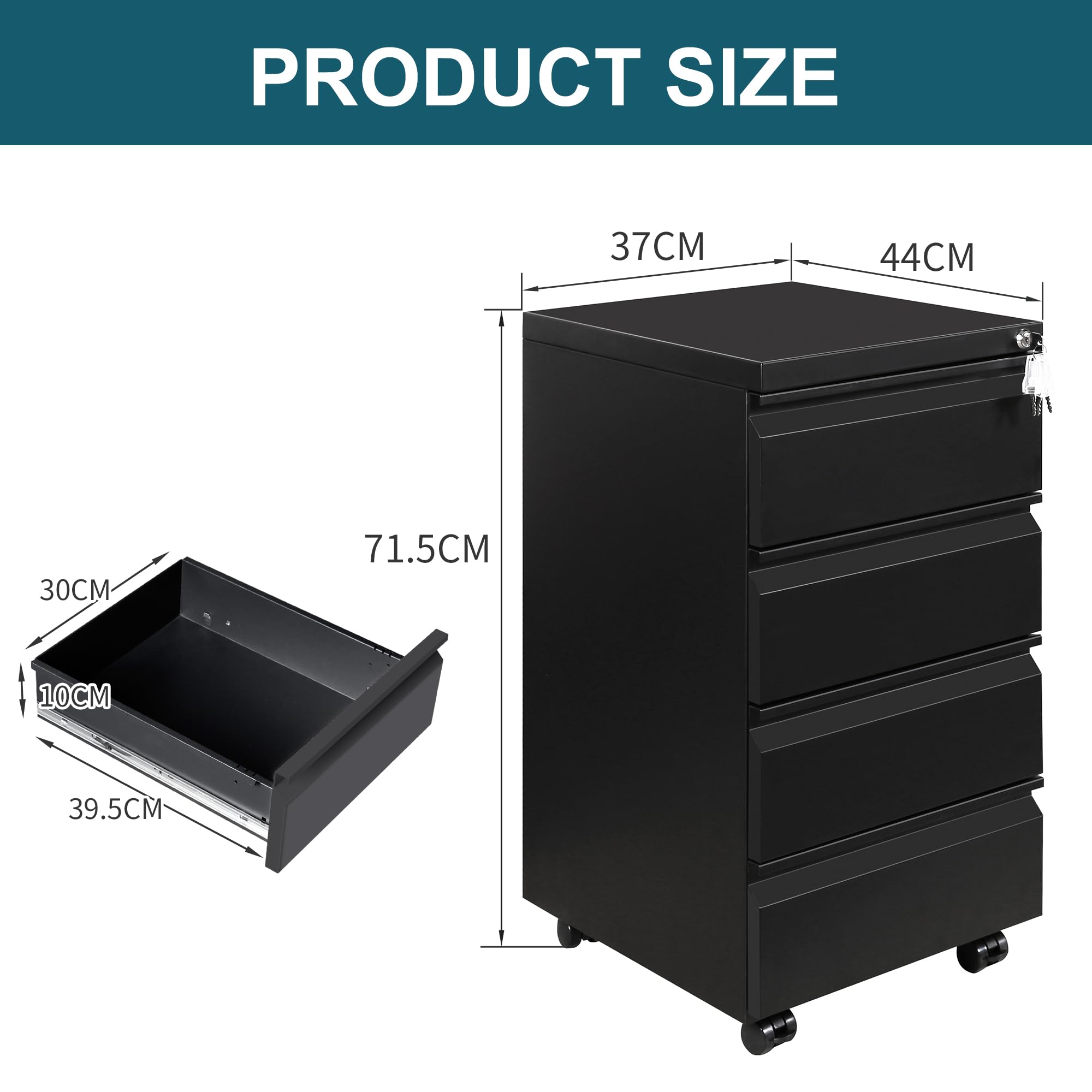 LVSTEEL Mobile Filing Cabinet, Under Desk 4-Drawer Lockable Cabinet with Wheels, Filing Cabinets for Home Office, Pre-Assembled, Black
