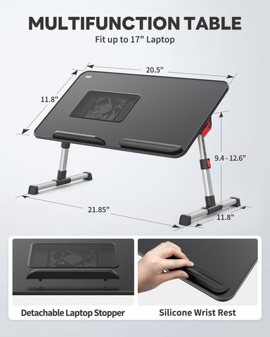 Cooling Table, Desk with USB Port, SAIJI Bed Table, lapdesk with fan, Adjustable Laptop Stand, folding table for Sofa, Bed, Floor, Breakfast