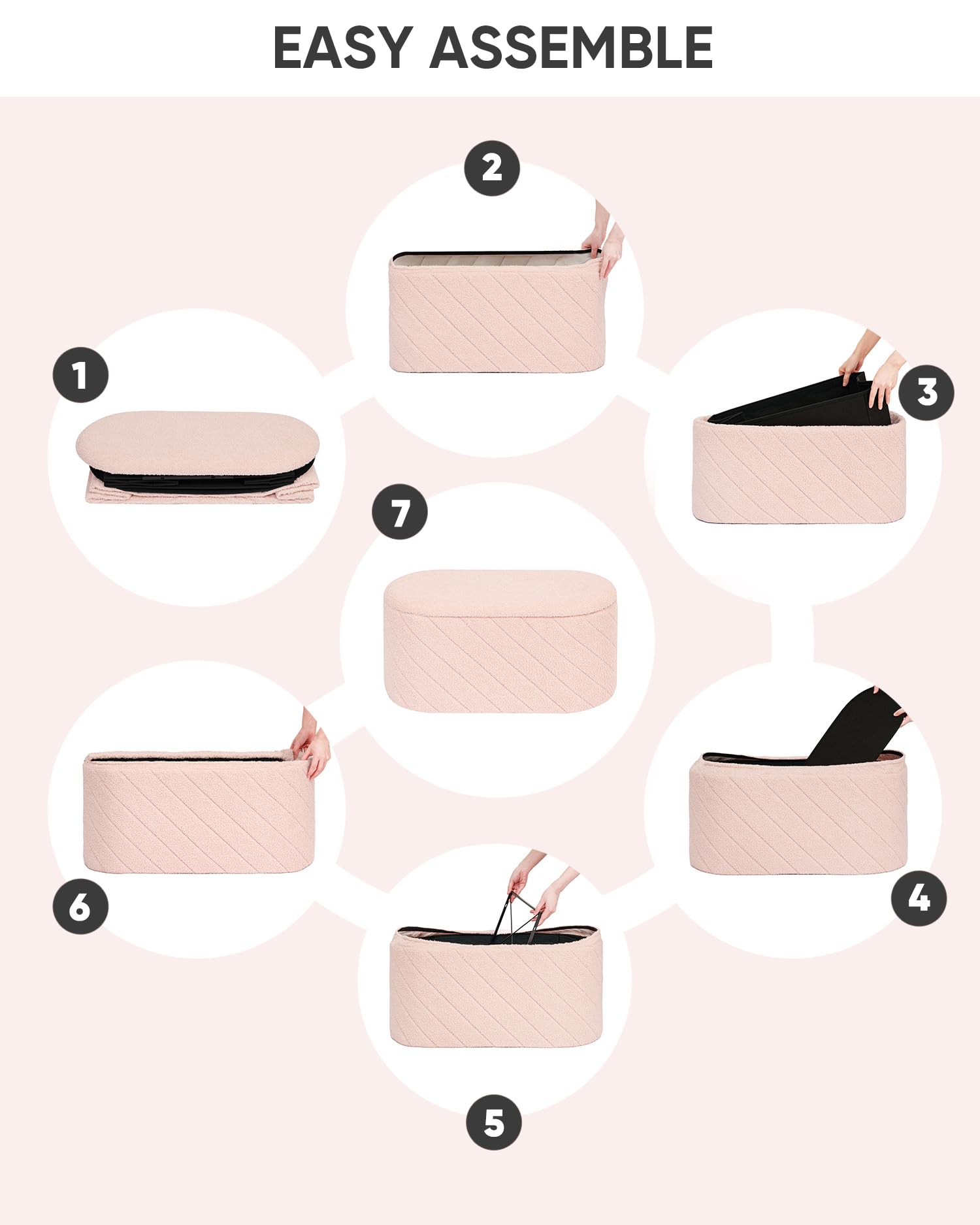 Bonlife Oval Ottoman Storage Bench, Folding Foot Rest with Lid, Boucle End of Bed Bench,Foostool for Living Room,Bedroom,Entryway,Pink,76x38x38cm