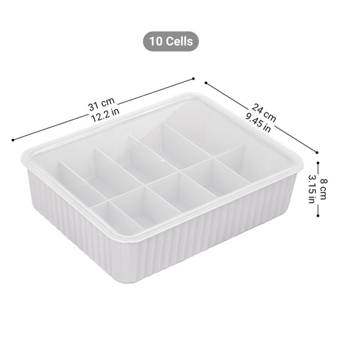 Cetomo 10 Cells Plastic Underwear Sock Drawer Organizer with Lid, Lidded Storage Box with Dividers for Bras and Socks, Basket for Closet, Stackable