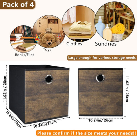 4 Pack Durable Storage Cube Box with Wood Grain,Decorative Thickened Fabric Storage Basket,Space Saving Foldable Cube Bins for Open