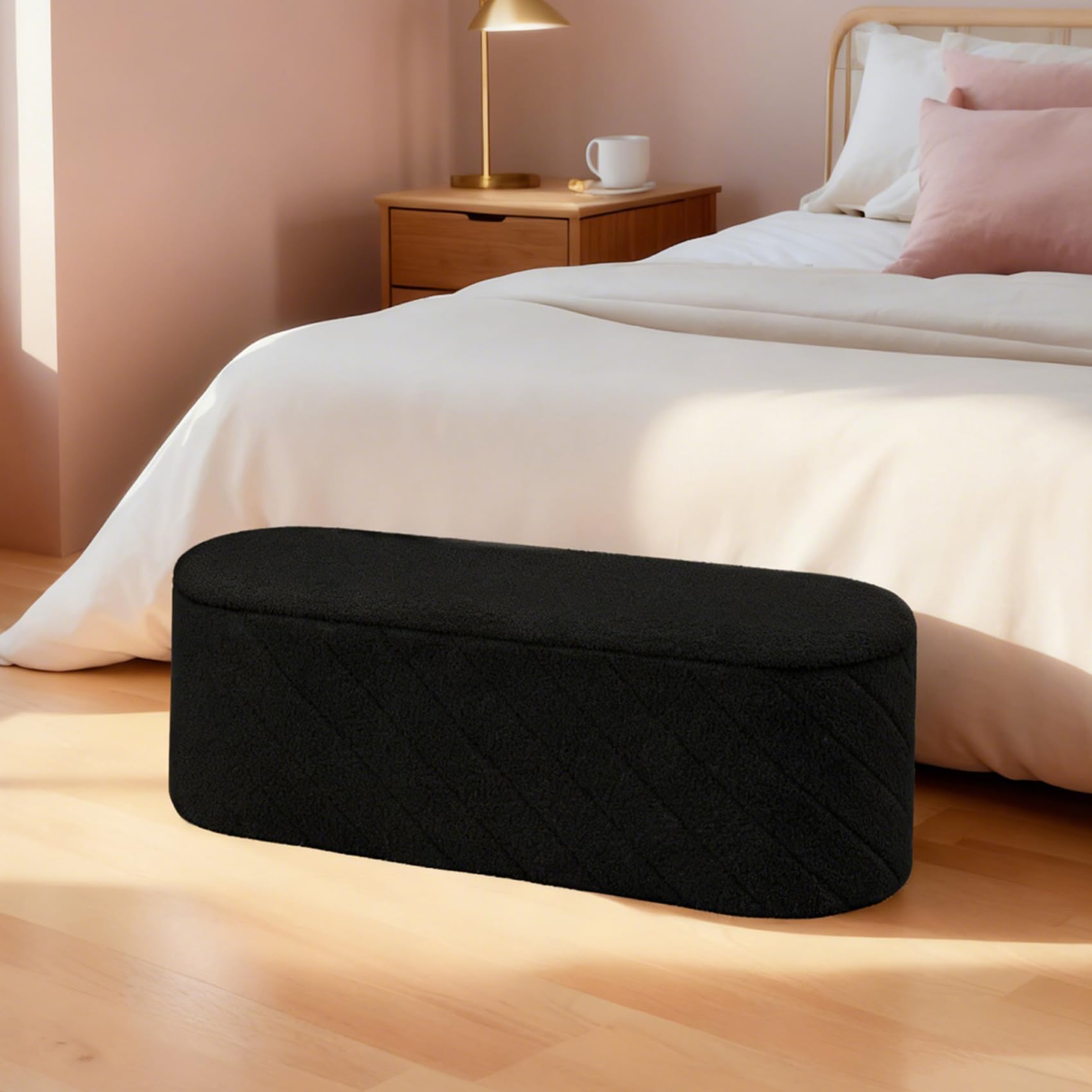 Bonlife Oval Ottoman with Storage Bench, Folding Foot Rest with Lid, Boucle End of Bed Bench,Foostool for Living
