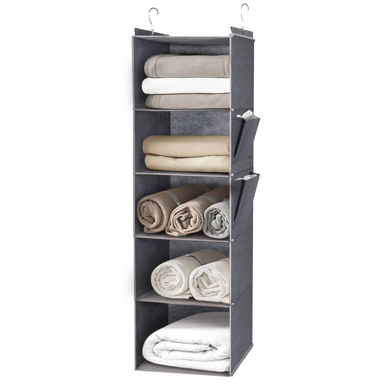 DPWEION Hanging Storage Shelves with 5 Shelves Foldable Hanging Wardrobe Closet Organiser Unit with 2 Side Pockets for Clothes Accessories for
