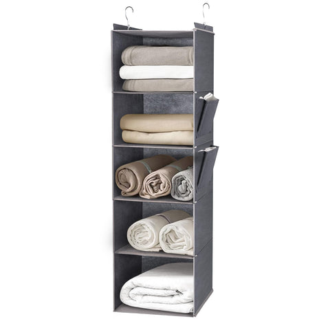 DPWEION Hanging Storage Shelves with 5 Shelves Foldable Hanging Wardrobe Closet Organiser Unit with 2 Side Pockets for Clothes Accessories for