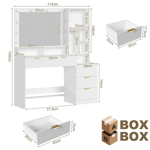 JUMMICO Dressing Table with LED Lights,Vanity Desk with Mirror and 5 Drawers,Modern Makeup Desk with Jewellery Hooks and Power Outlet for Bedroom