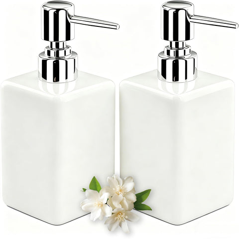 2PSC White Ceramic Soap Dispenser - 320ml/11oz Square Design with Long Spout & Rustproof Pump, Refillable for Shampoo/Liquid Soap