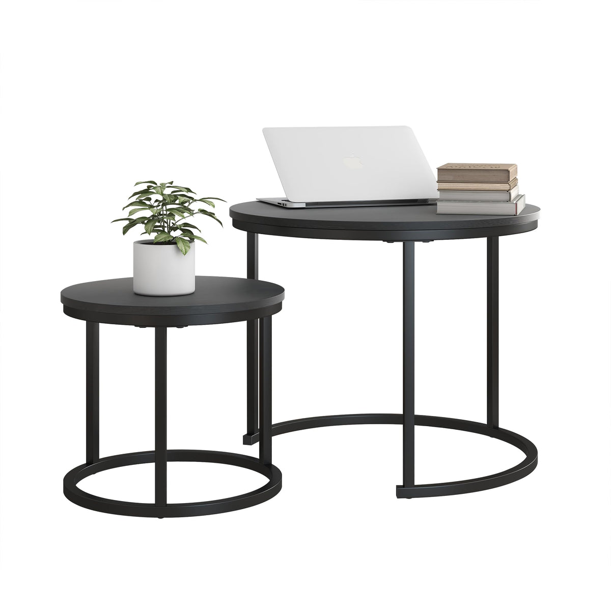 HOJINLINERO Small Round Nesting Coffee Table Set of 2 with Metal Frame and Wood Top, Modern Stacking Side Table for Living Room, Bedroom, Office