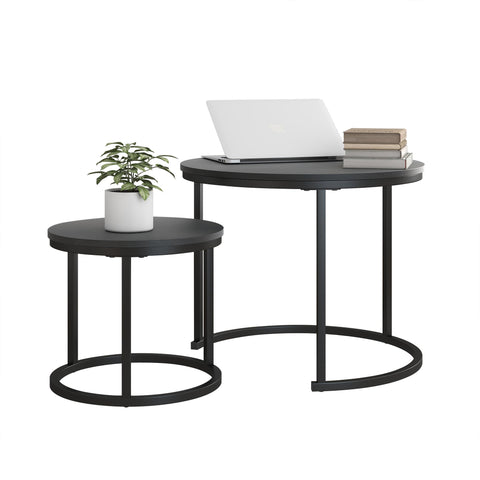 HOJINLINERO Small Round Nesting Coffee Table Set of 2 with Metal Frame and Wood Top, Modern Stacking Side Table for Living Room, Bedroom, Office