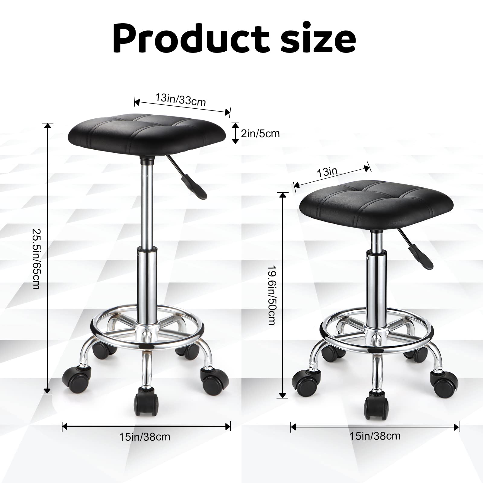 FNZIR Square PU Cushion Rolling Stool with Wheels Height Adjustable Swivel Stools Chair Black