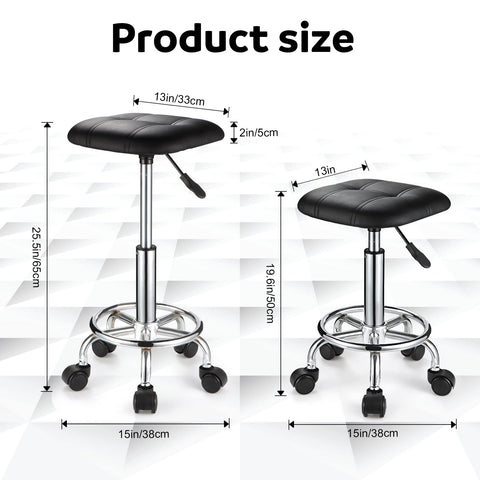 FNZIR Square PU Cushion Rolling Stool with Wheels Height Adjustable Swivel Stools Chair Black