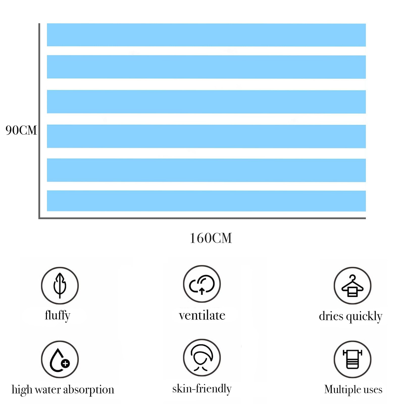 Large Quick Dry Microfibre Beach Towels for Adult,160X90cm Double Side Baby Blue Stripe Bath Towel Travel Towels with Pocket,Lightweight Beach Towel