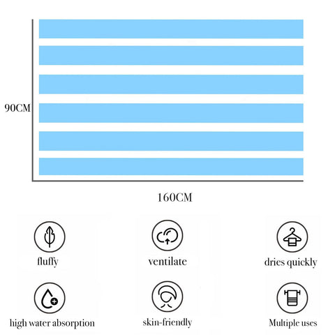 Large Quick Dry Microfibre Beach Towels for Adult,160X90cm Double Side Baby Blue Stripe Bath Towel Travel Towels with Pocket,Lightweight Beach Towel