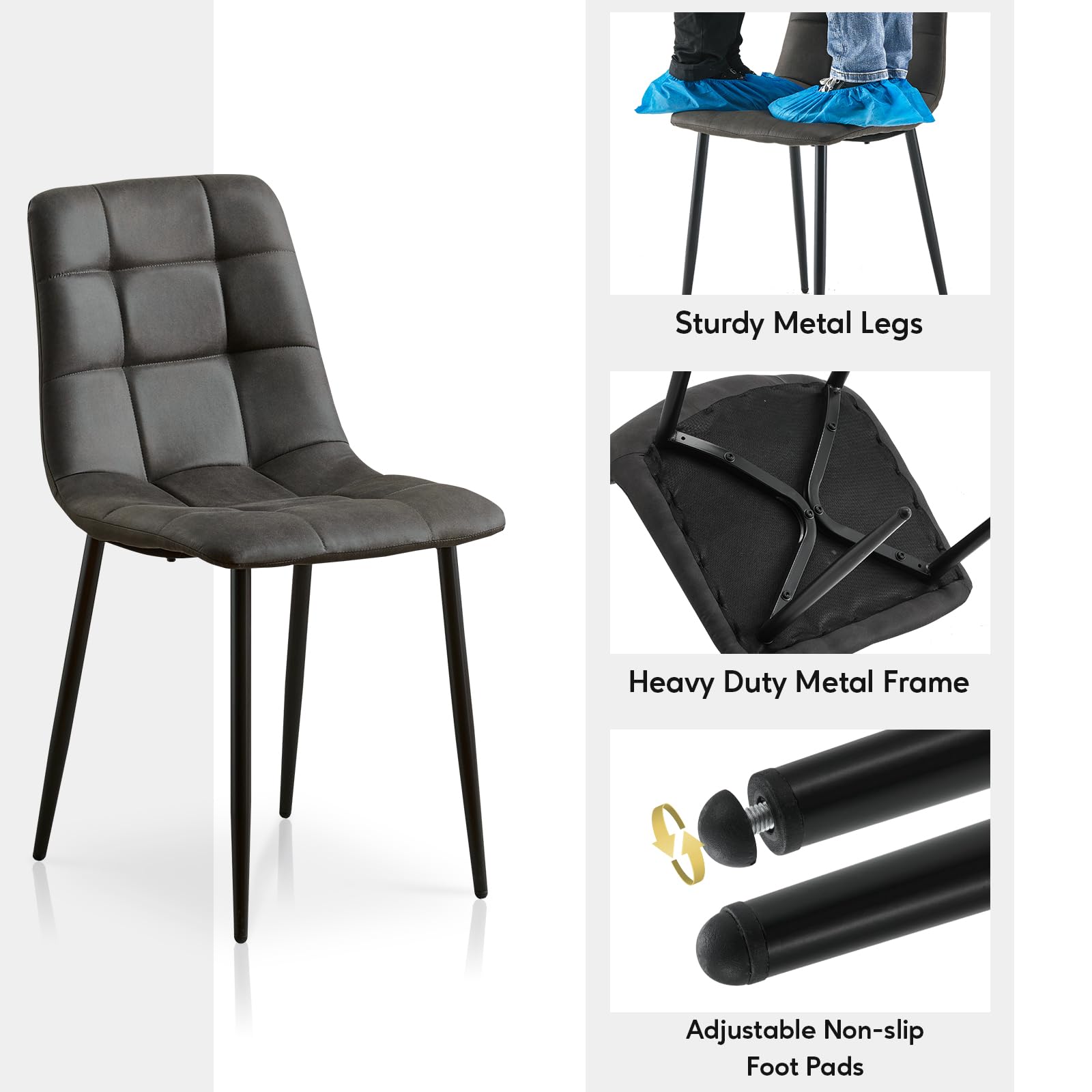 TUKAILAi Dining Chairs Set of 2 Grey Faux Suede Upholstered Seat Kitchen Chair with Backrest & Metal Legs Retro Leisure Chairs for Home Living Room