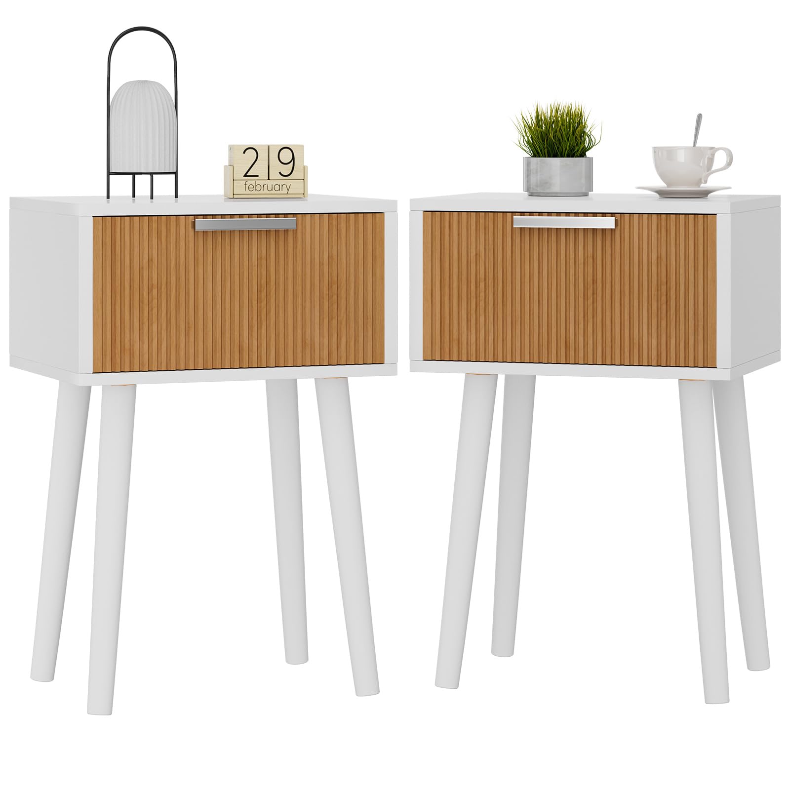 YMYNY Fluted Nightstand Set of 2, Small End Table, Modern Coffee Table with Drawer, Solid Wood Legs, Retaining Chain, 35x27x53cm