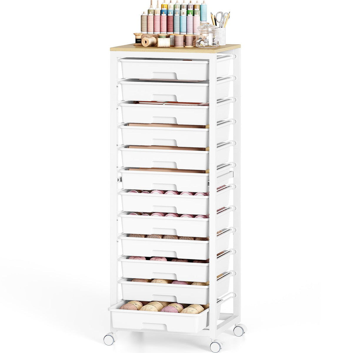 SYKIARIOL 12-Drawer Storage Trolley Rolling Cart with Wooden Top, White