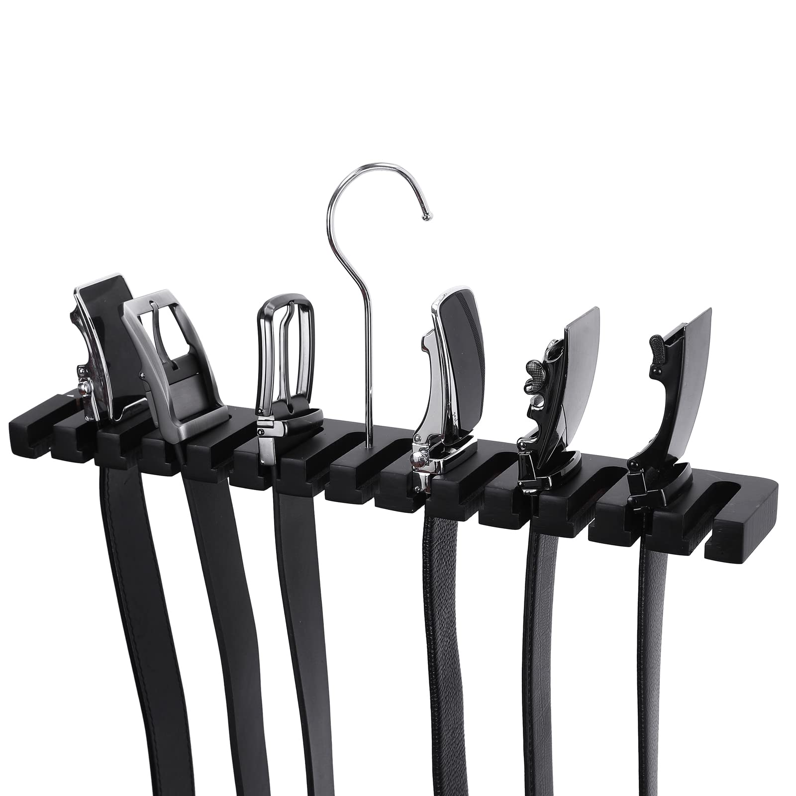 SUNTRADE 14-in-1 Wooden Wall Mount Belts & Tie Organizer with Swivel Hook, Display for Closet, Door, Wall (Black)