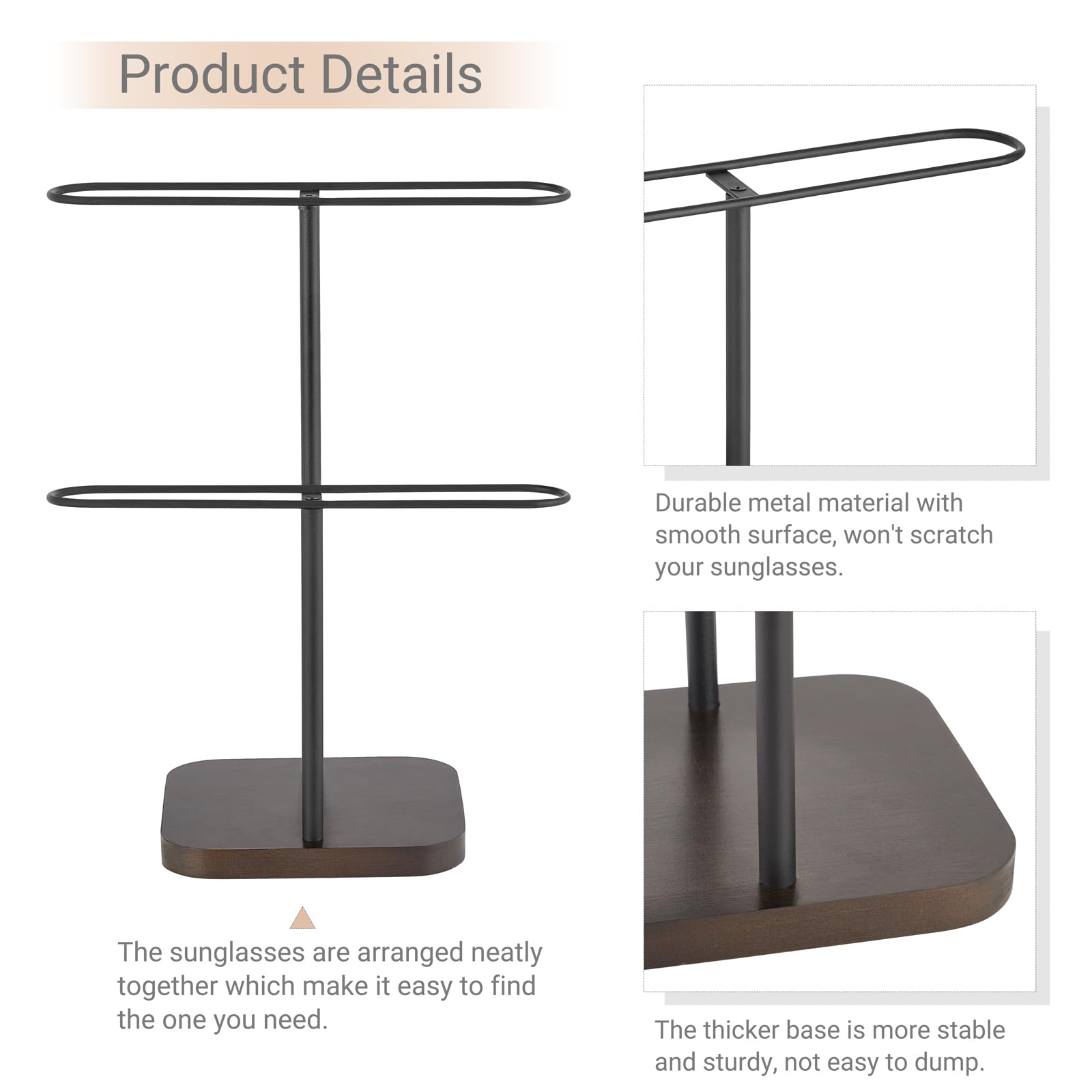 Mkono Sunglasses Organizer Glasses Holder Stand for 24 Pairs of Eyewear, 2 Tier Sunglass Storage Eyeglasses Display Rack Metal Frame with Wood Base