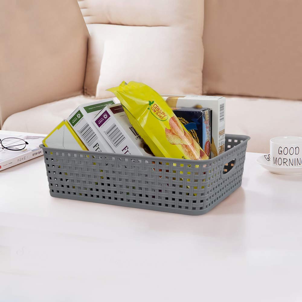 Bblie 6-Pack Rectangular Plastic Shallow Basket, Grey A4 Basket Tray for Storage