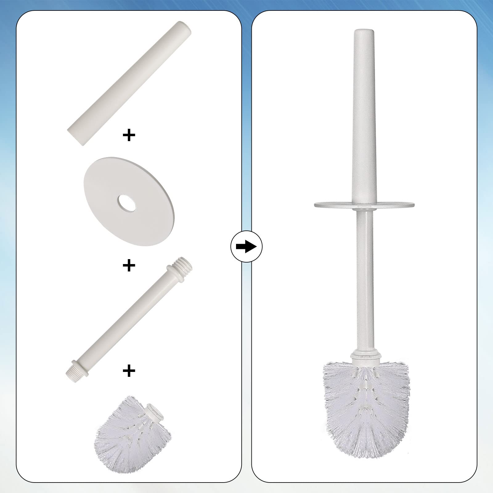 Toilet Brush and Holder Set 2‑Pack, White Plastic Toilet Brushes with 4 Replaceable Brush Heads, Vented Anti‑Drip Base, 360° Soft Dense Bristles