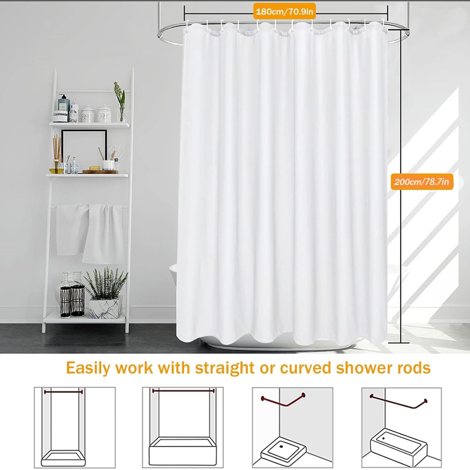 HUIBOHOU Shower Curtain - Solid Colour Fabric Shower Washable Curtain Mould Resistant and Water Repellent,180 * 200cm (Mixed Grey, 180 * 200cm)