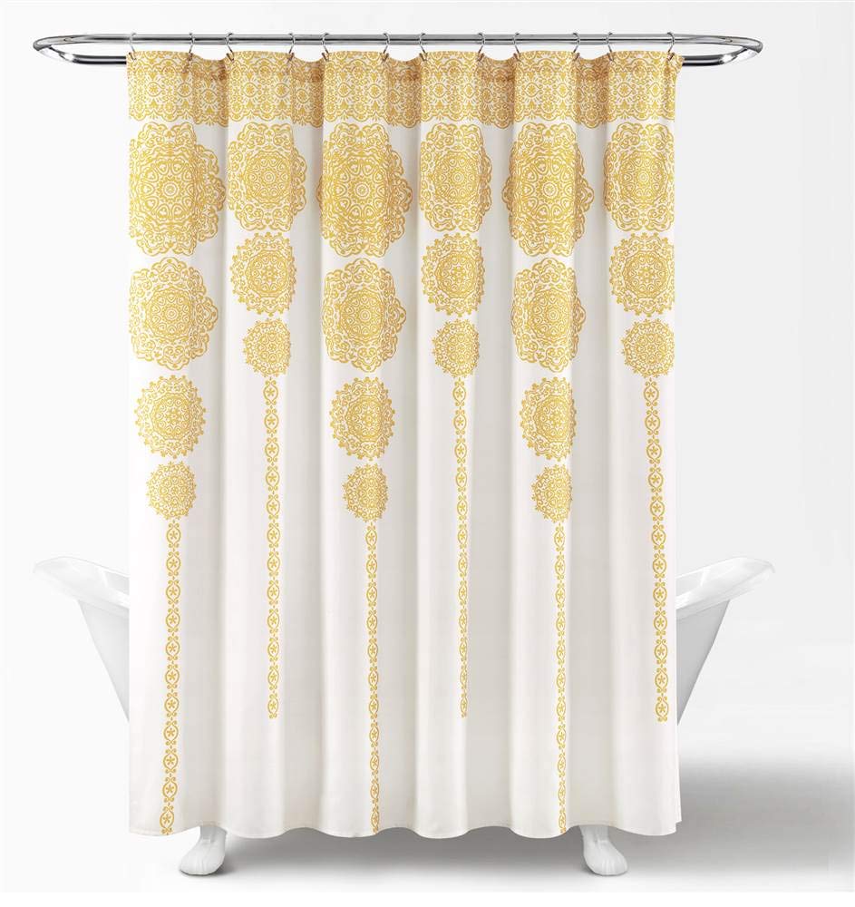 Lush Decor Stripe Medallion Shower Curtain-Fabric Mandala Bohemian Damask Print Design, 72" x 72", Yellow