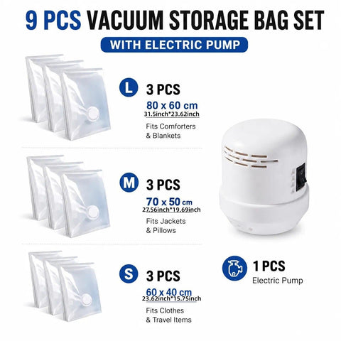 9 Pack Vacuum Storage Bag with Electric Pump, for Travel Vacuum Bags