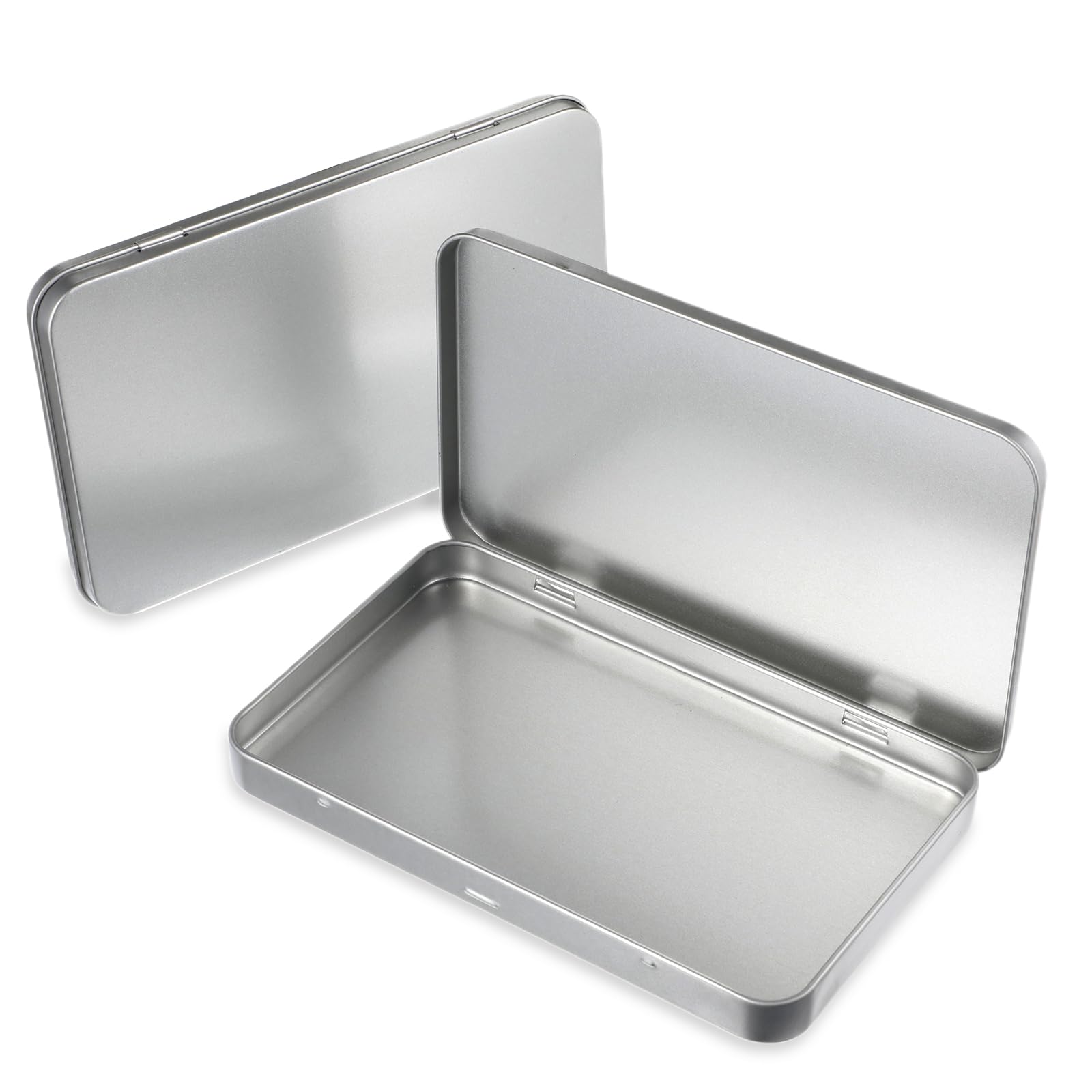 2 Pack Rectangular Metal Tin Box with Lid Metal Tins With Hinged Lid Portable Empty Box Container Storage Small Silver Storage Tin Case for