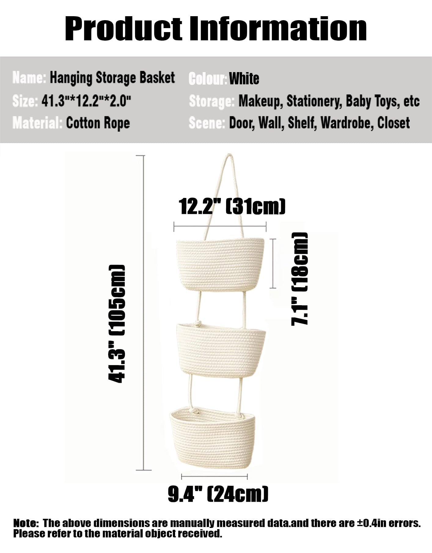 AARAINBOW Wall Hanging Cotton Baskets, Large 3 Tier Decorative Hanging Baskets for Wall Door, Boho Nursery Wall Basket for Organizing