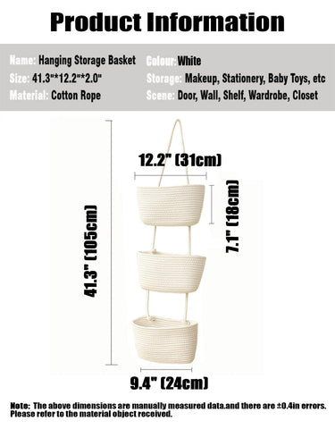 AARAINBOW Wall Hanging Cotton Baskets, Large 3 Tier Decorative Hanging Baskets for Wall Door, Boho Nursery Wall Basket for Organizing