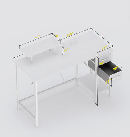Xyphren 100cm Computer Desk with Drawers & Power Outlets, Office Desk with Storage Monitor Stand, Reversible Small Desks for Home Office Bedroom