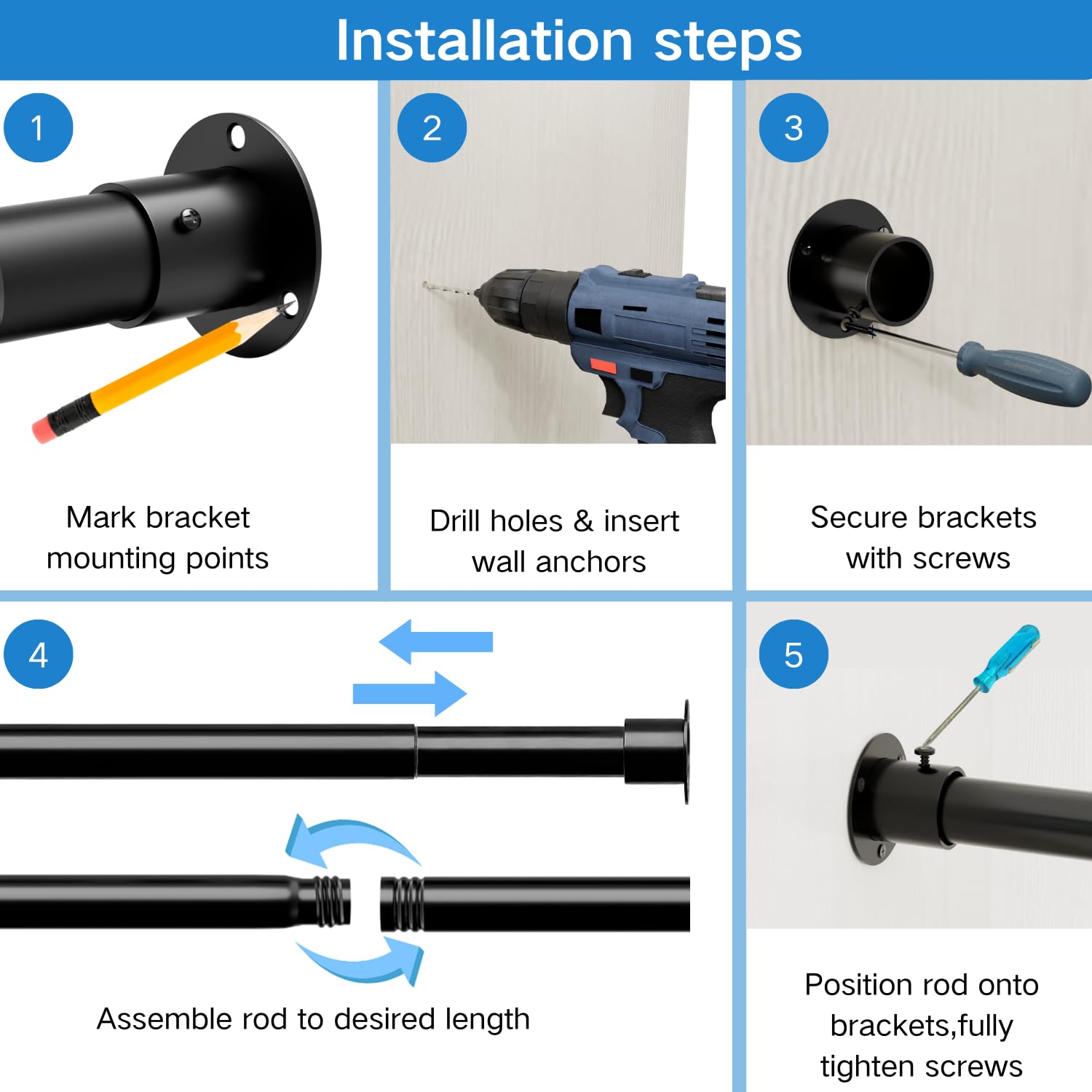 Wardrobe Rail, Extendable Clothes Rail, Adjustable Wardrobe Rail with Fixing Sockets and Screws for Wardrobe and Cloakroom, Black