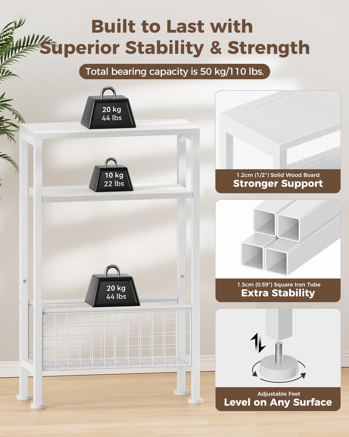 Yuede Narrow Side Table with Magazine Rack, 3-tier Slim Bedside Table, Small End Table for Living Room, Bedroom, MDF & Metal Frame (White)