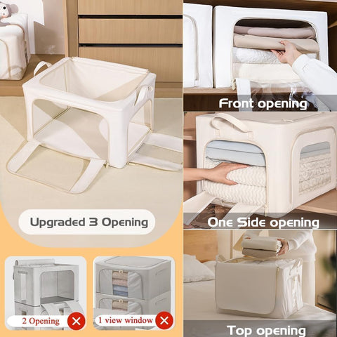 Ruucy 2 Psc Clothes Storage Boxes 24L, Foldable Clothes Storage Bags with Steel Frame & 3 Open Zips