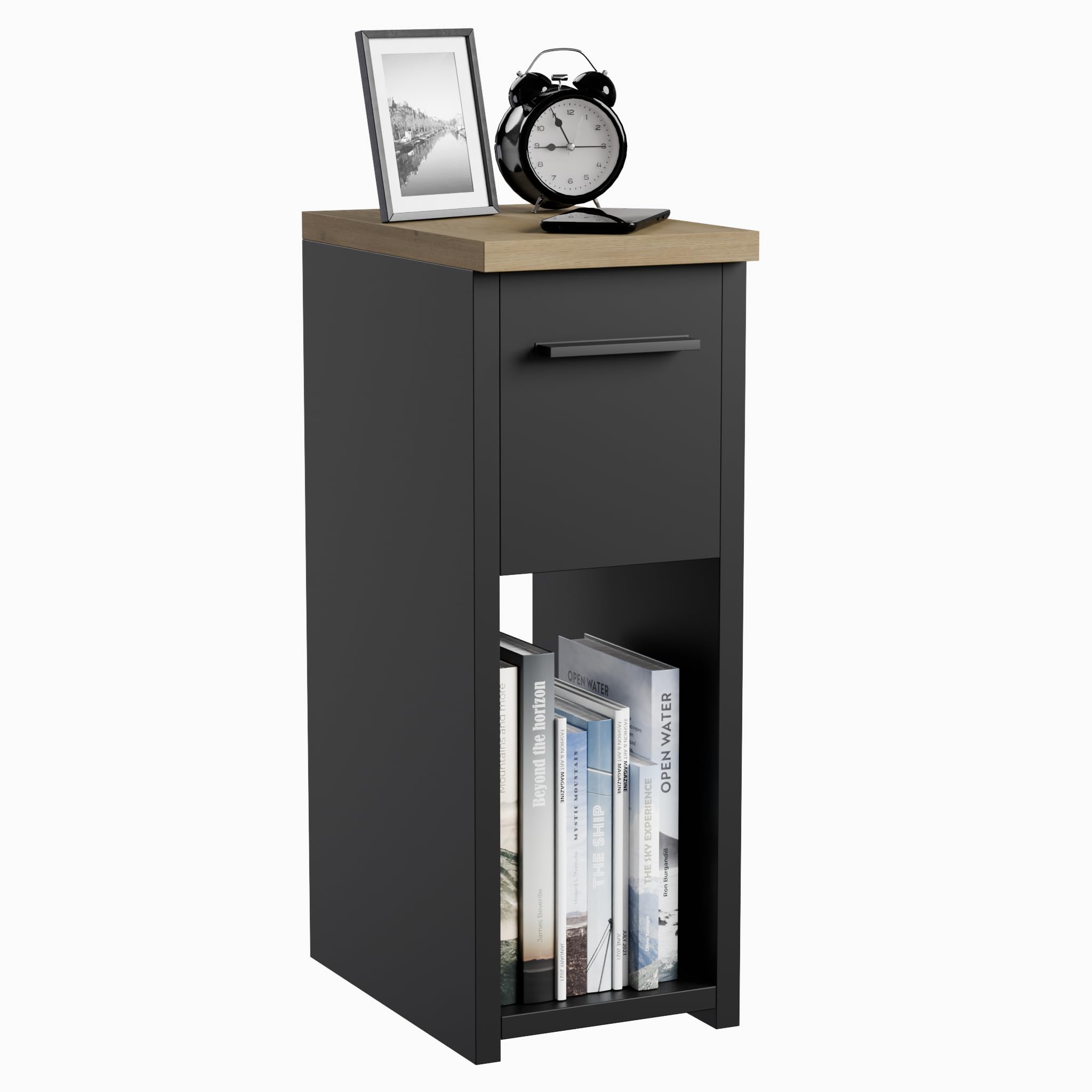 ComfortCove Narrow Bedside Table with Storage Shelf & Handle, Black/Oak