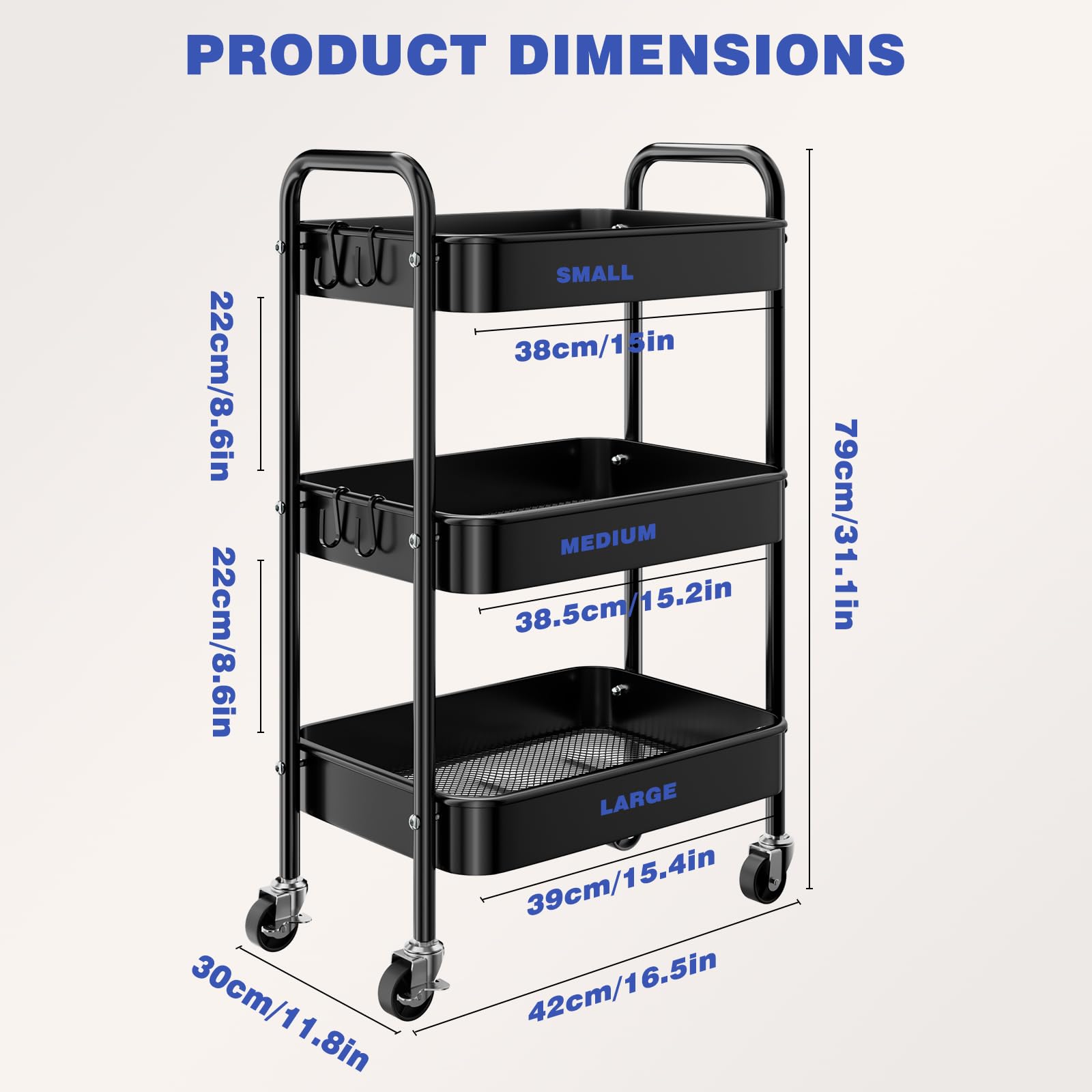 Abiglifty 3 Tier Metal Trolley, Kitchen Trolley on Wheels with Handle