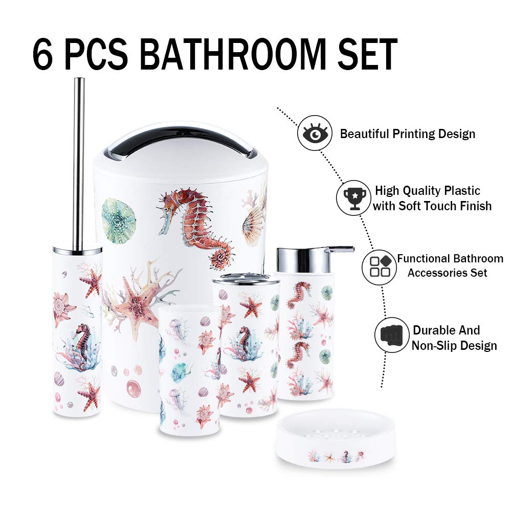 JOTOM Modern Design 6 Piece Plastic Bathroom Accessory Set Luxury Bath Accessories Bath Set Lotion Bottles,Toothbrush Holder,Tooth Mug,Soap