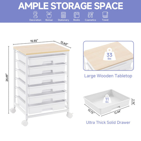 SYKIARIOL 6-Drawer Storage Trolley Rolling Cart, White