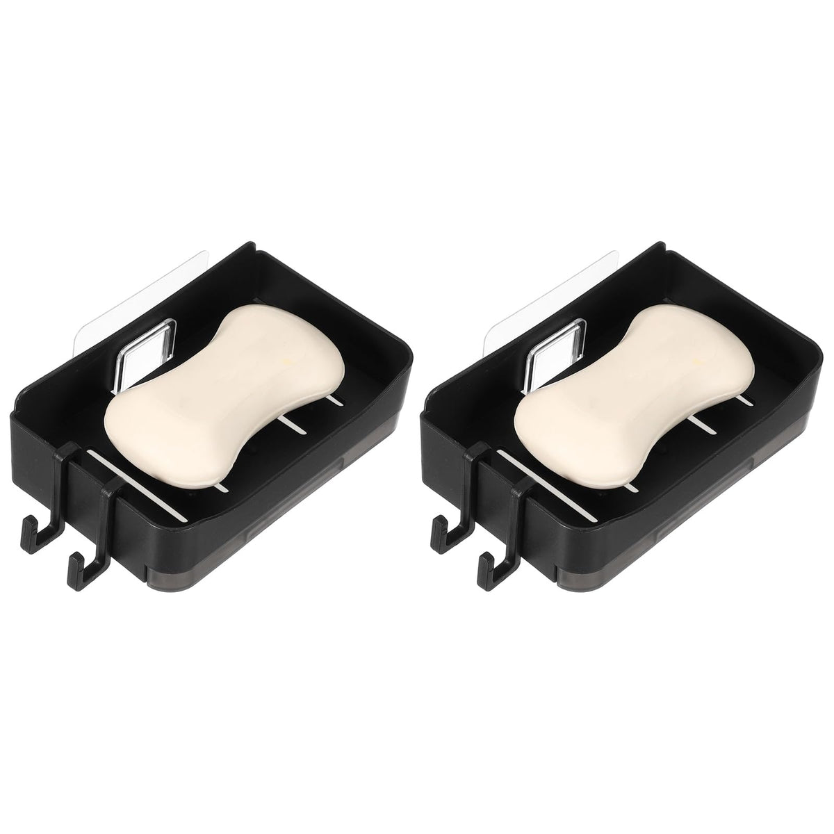 sourcing map 2 Pcs Self-Adhesive Shower Soap Holder, No Drilling Wall Mounted Soap Dish with 2 Bottom Tray and 4 Hooks for Bathroom Kitchen Sink