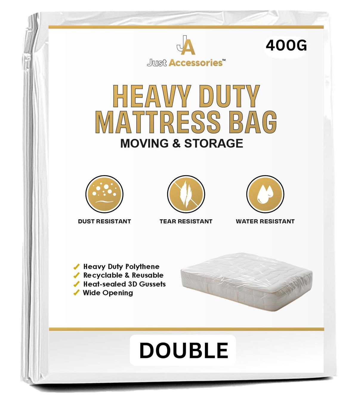 Just Accessories® Heavy Duty Mattress Bag For Storage Moving Removal Mattress Polythene Protector Cover (4ft 6" Double 4'6" Mattress Bag)