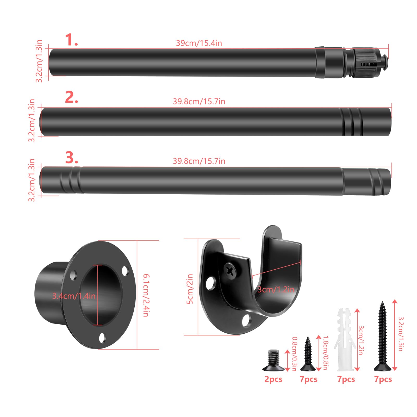 Extendable Wardrobe Pole Black 43-107cm Wardrobe Rails and Fittings 33mm Tube Diameter Stainless Steel Pole for Wardrobe with Screws and Fixing