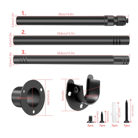 Extendable Wardrobe Pole Black 43-107cm Wardrobe Rails and Fittings 33mm Tube Diameter Stainless Steel Pole for Wardrobe with Screws and Fixing