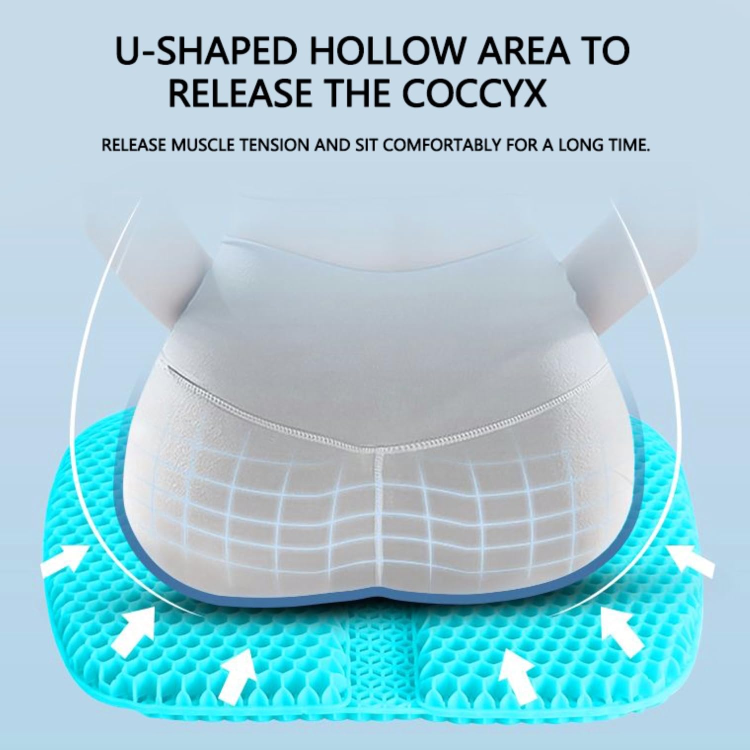 VAIYNWOM Gel Seat Cushion, Honeycomb Breathable Home Office Chair & Car Seat Cushions with Non-Slip Fabric Cover, 45 * 42 * 3cm, Blue