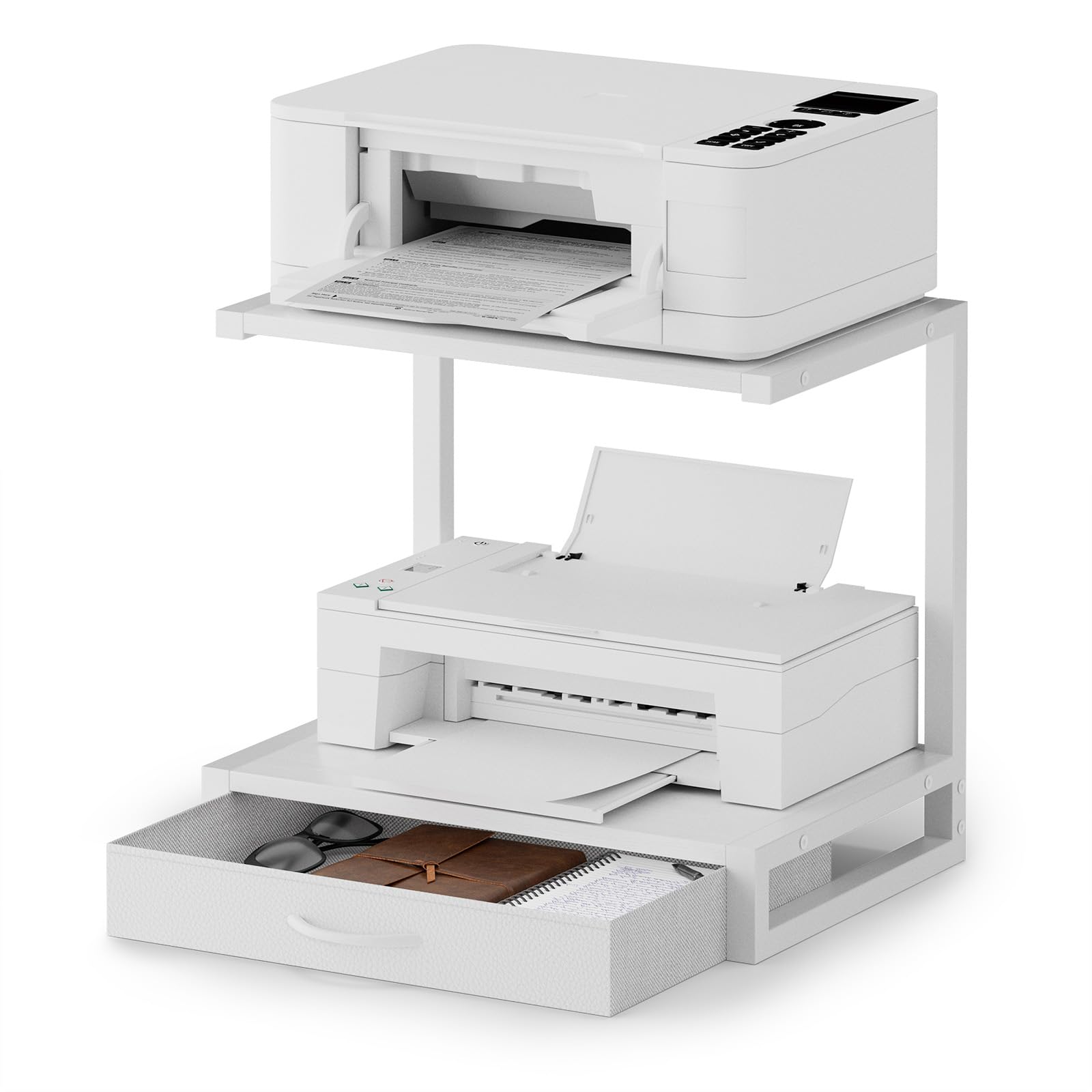 OYRREU 2-Tier Desktop Printer Stand with Fabric Drawer for Storage, White