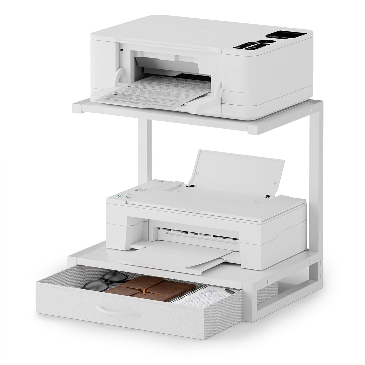 OYRREU 2-Tier Desktop Printer Stand with Fabric Drawer for Storage, White