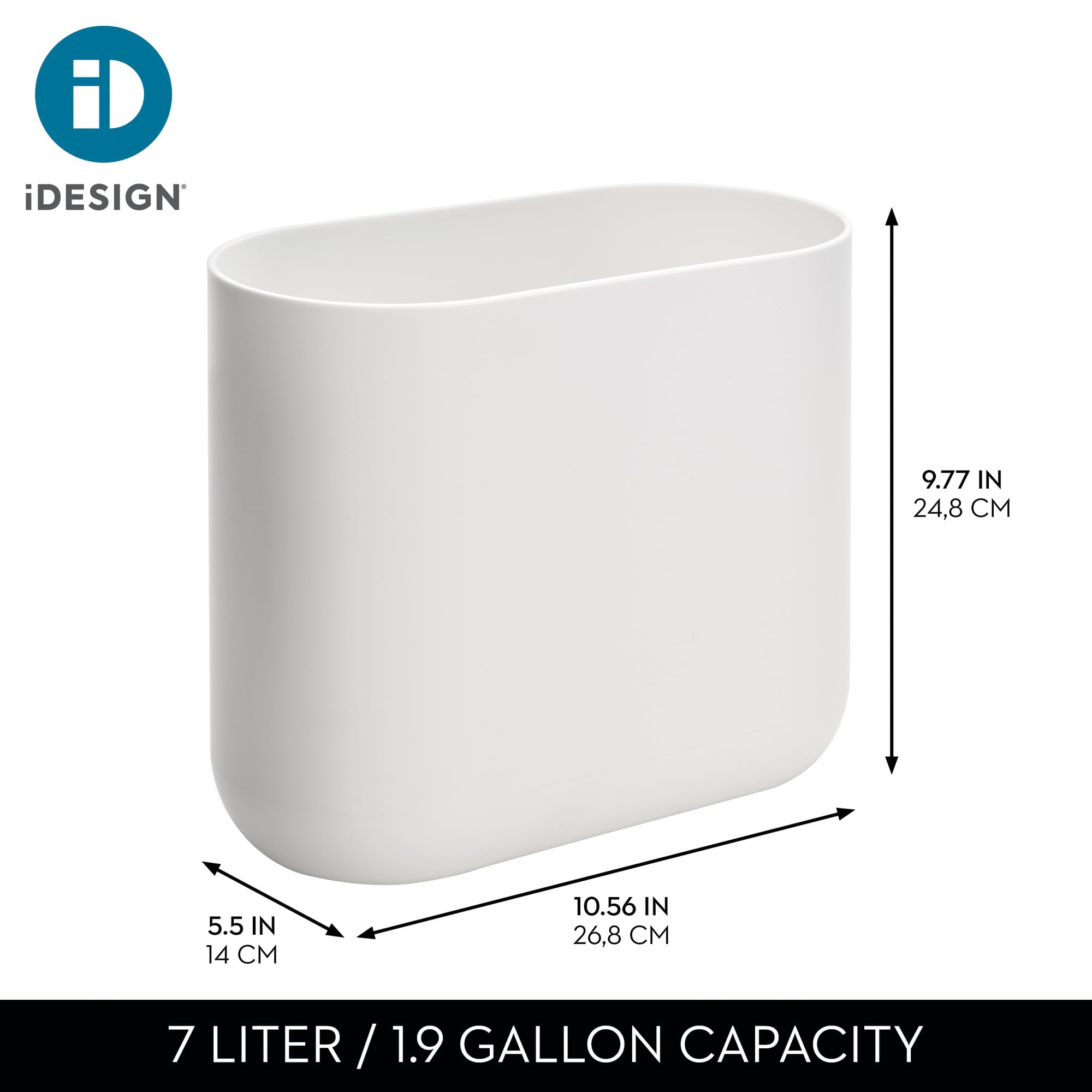 iDesign Small Oval Plastic Bathroom Trash Cans - Ideal for Bathroom, Bedroom, or Office - Set of 2 - White