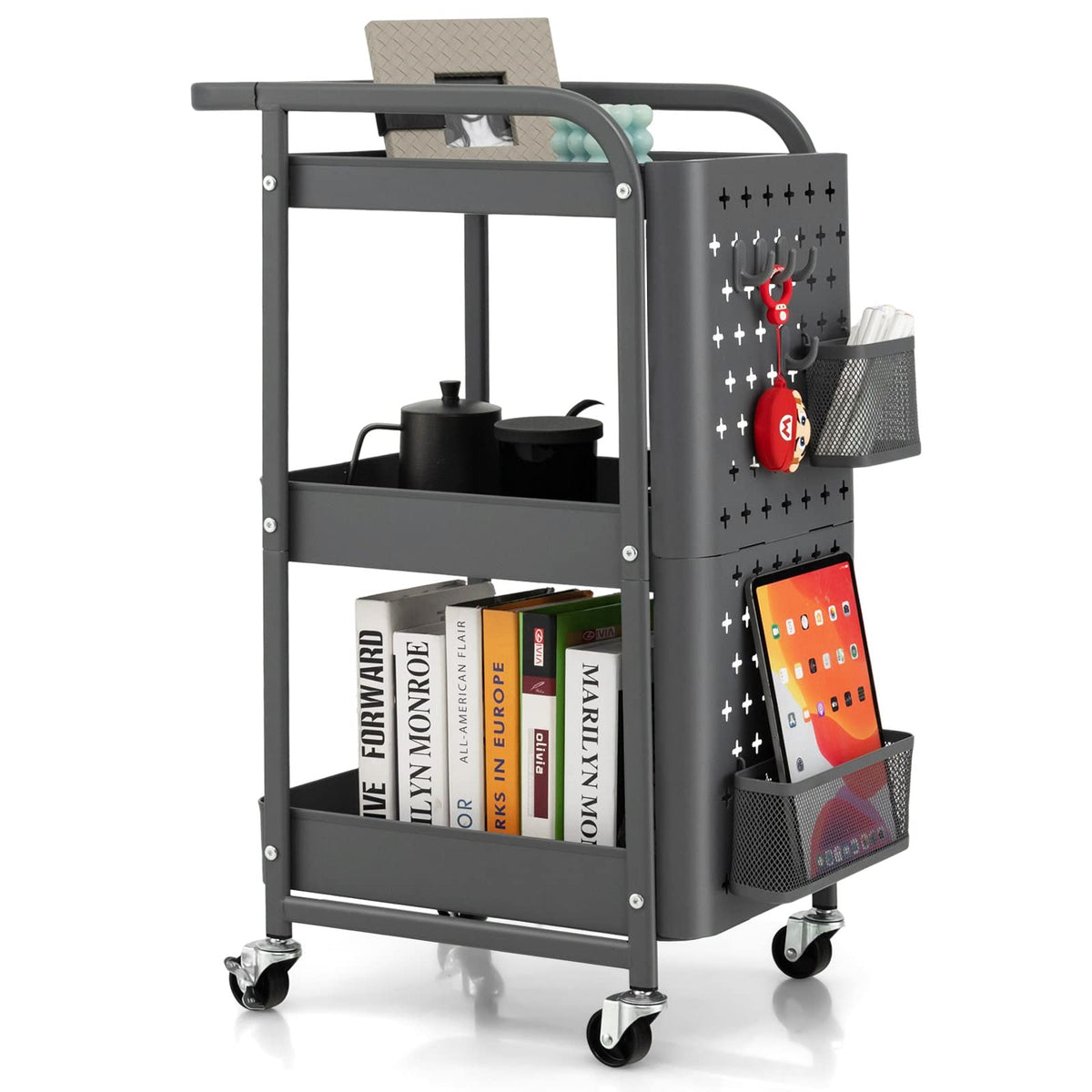 GiantexUK 3-Tier Storage Cart on Wheels, Metal Serving Trolley (Grey)